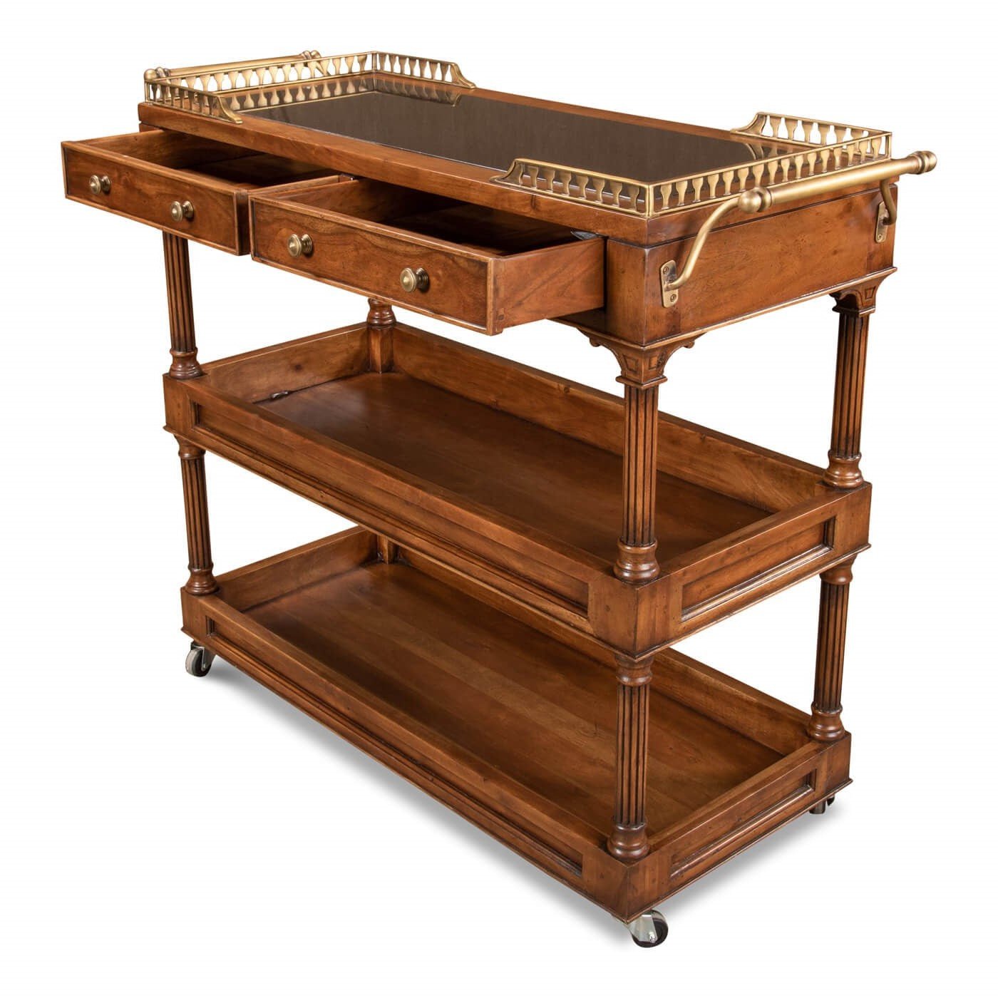 Walnut bar cart with open drawers and visible shelves.