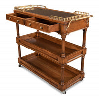 Walnut bar cart with open drawers and visible shelves.