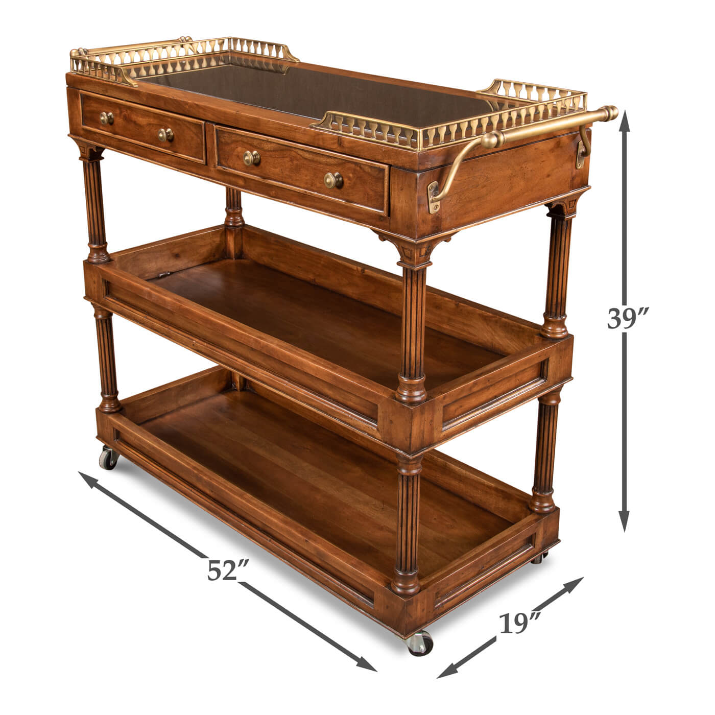 Dimensions of walnut bar cart with height, width, depth.