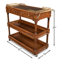 Dimensions of walnut bar cart with height, width, depth.