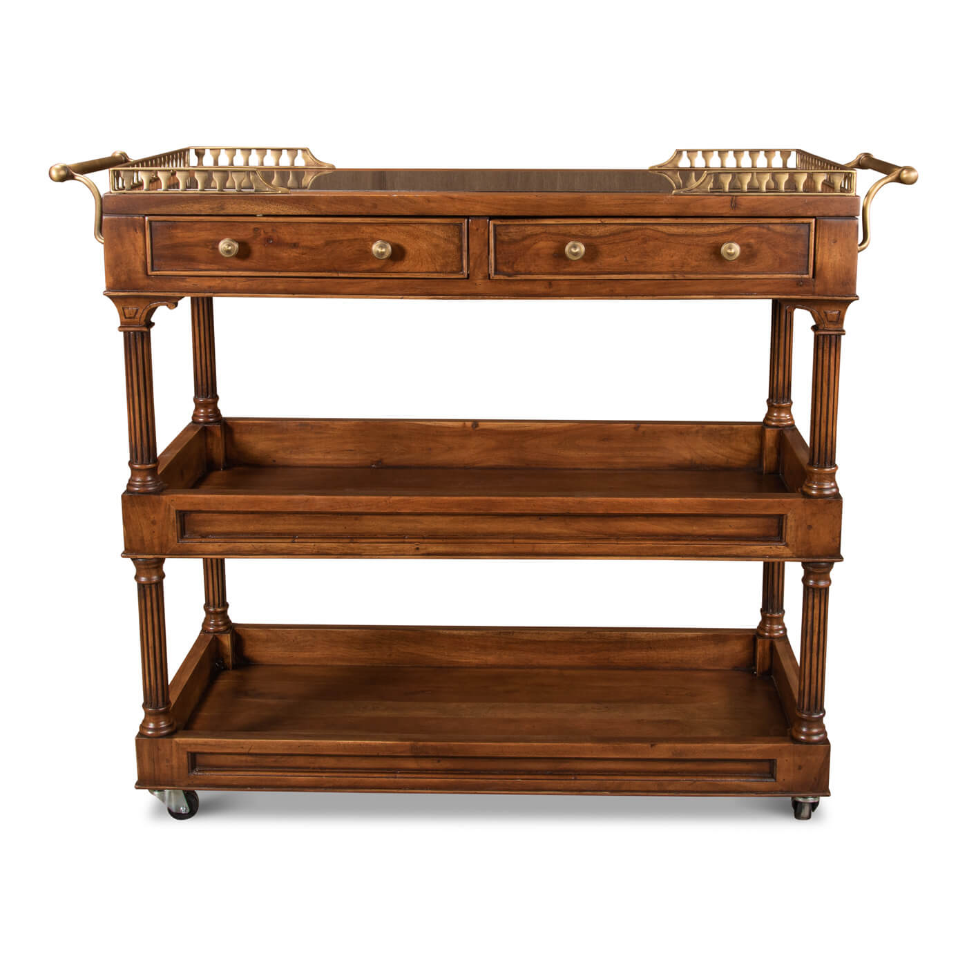 Front view of traditional walnut bar cart with drawers.