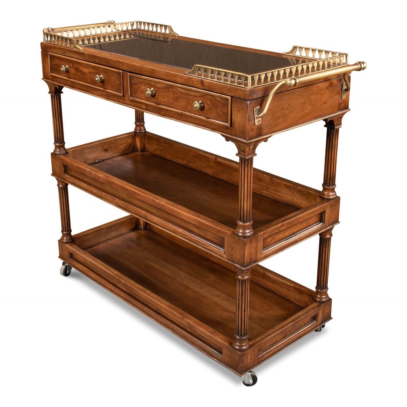 Angled view of walnut bar cart showing shelves.