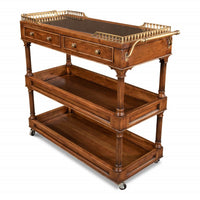 Angled view of walnut bar cart showing shelves.