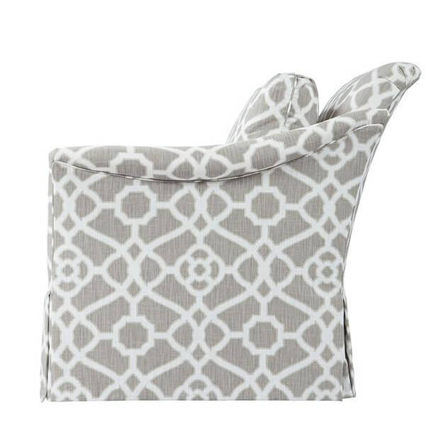 Upholstered armchair, side profile, unique pattern, comfortable armrest.