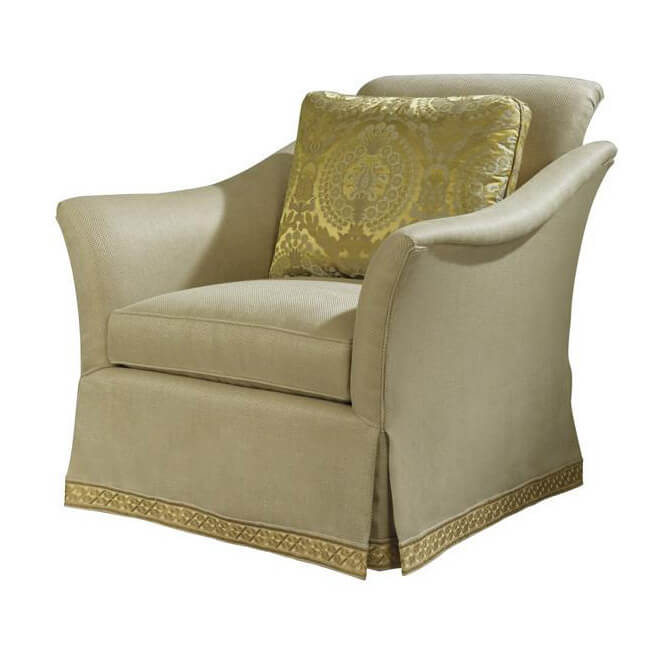 Upholstered armchair, frontal view, beige fabric with pillow.