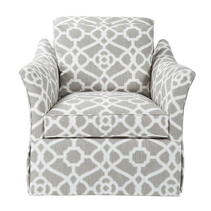 Upholstered armchair, front view, geometric pattern, cozy seating.