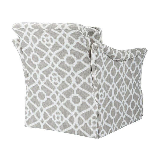 Upholstered armchair, back angle, white and gray pattern.