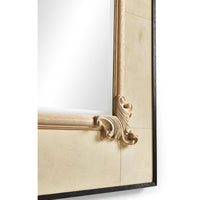 Detailed scrollwork on transitional mirror, side angle.