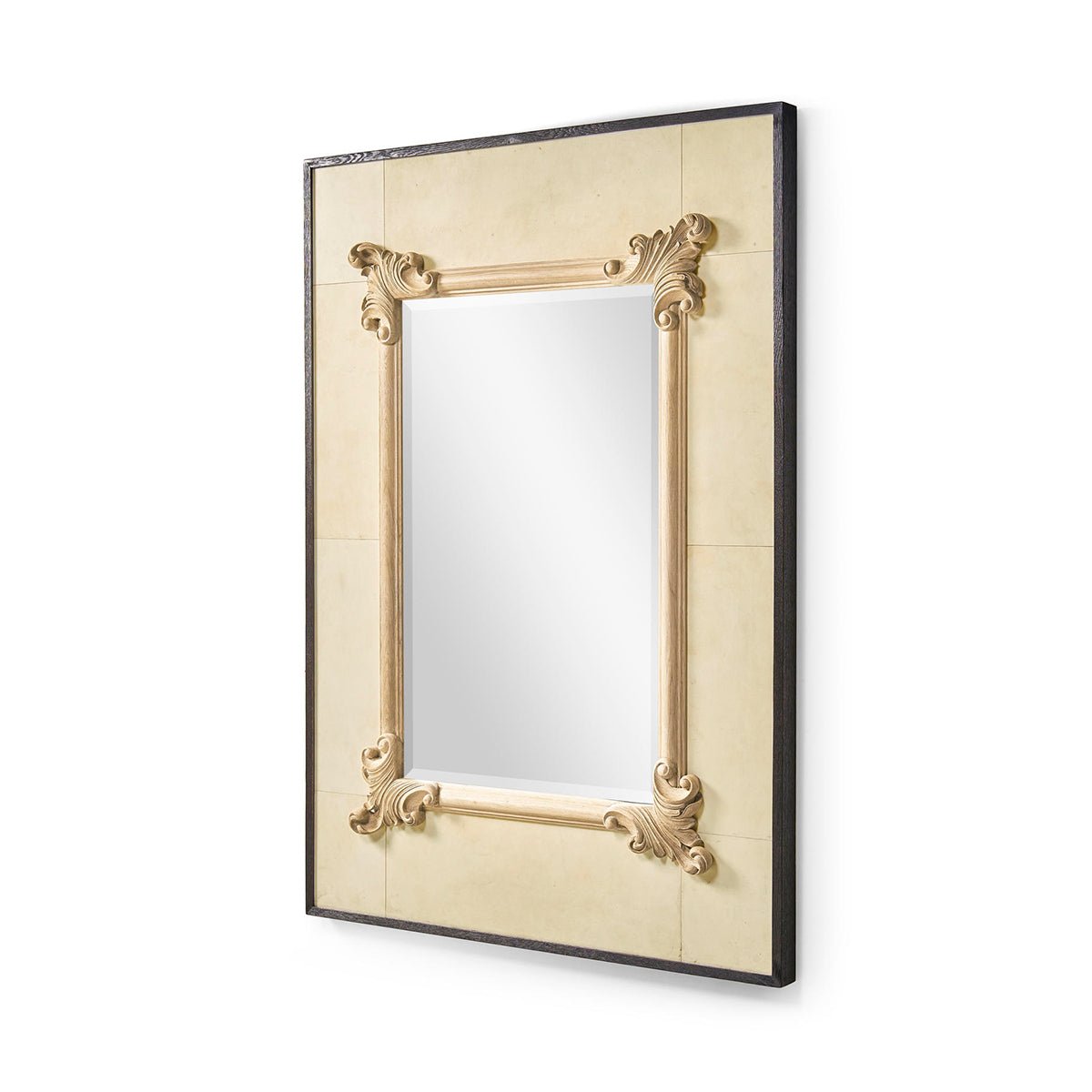 Decorative wall mirror, angled side view with detailed frame.
