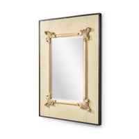 Decorative wall mirror, angled side view with detailed frame.