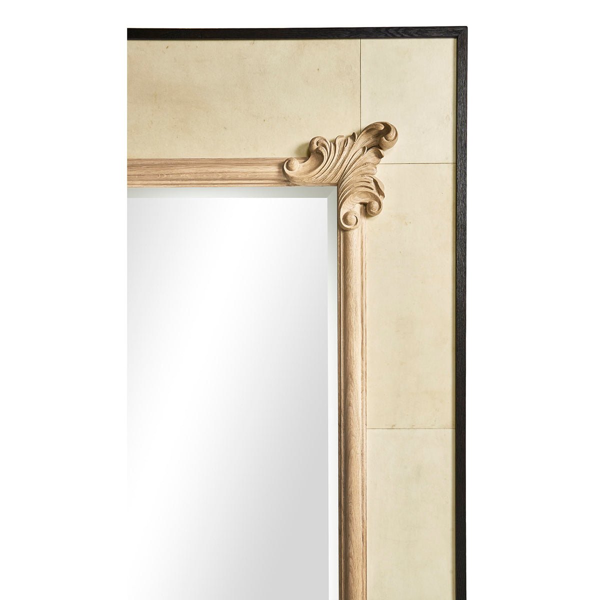 Close-up of corner design on classic wall mirror.