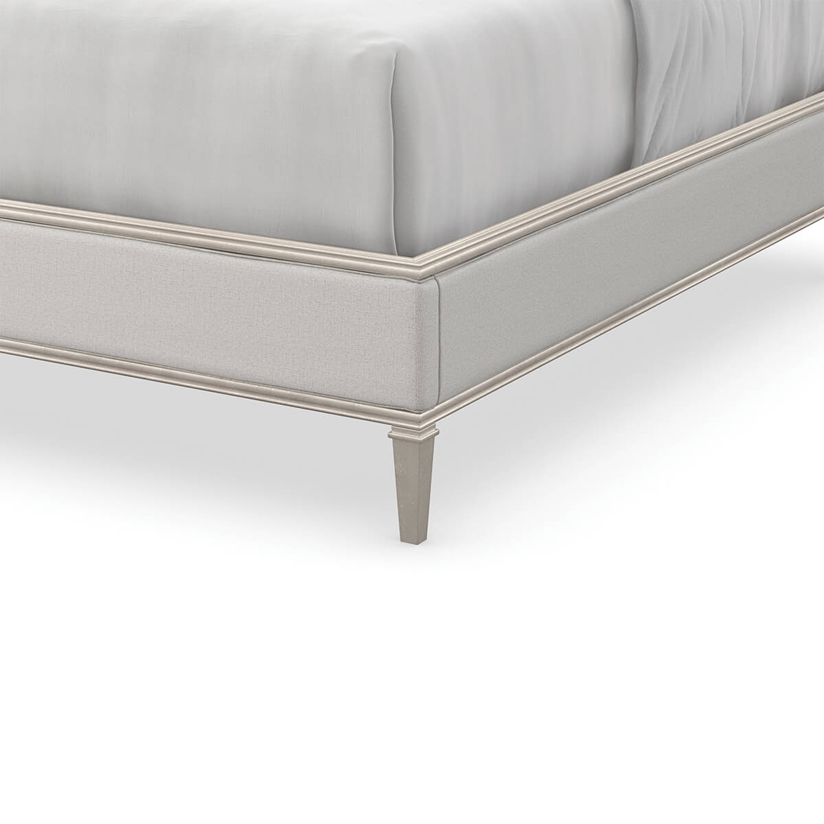 Detail of silver bed frame and leg, transitional design.