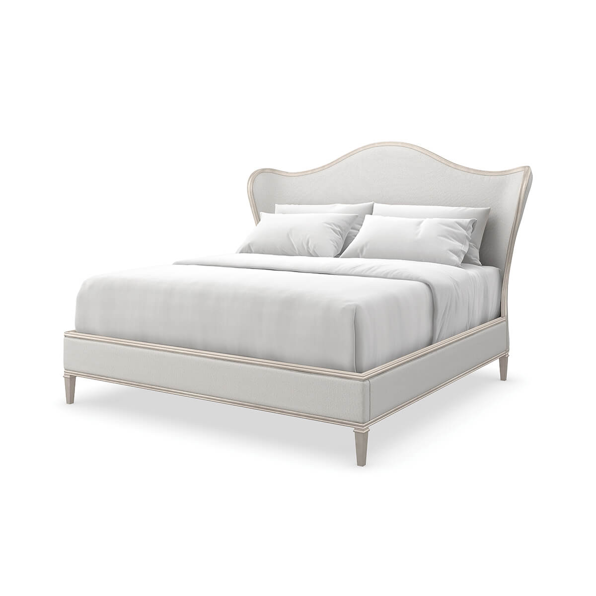 Silver upholstered king bed, angled view, transitional style.