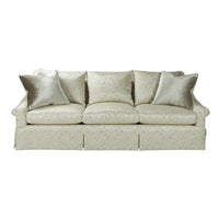 Front view of transitional upholstered sofa with cushions.