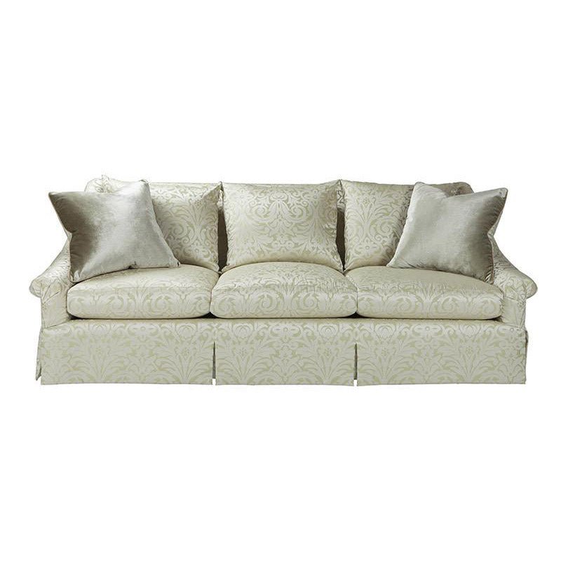 Front view of transitional upholstered sofa with cushions.