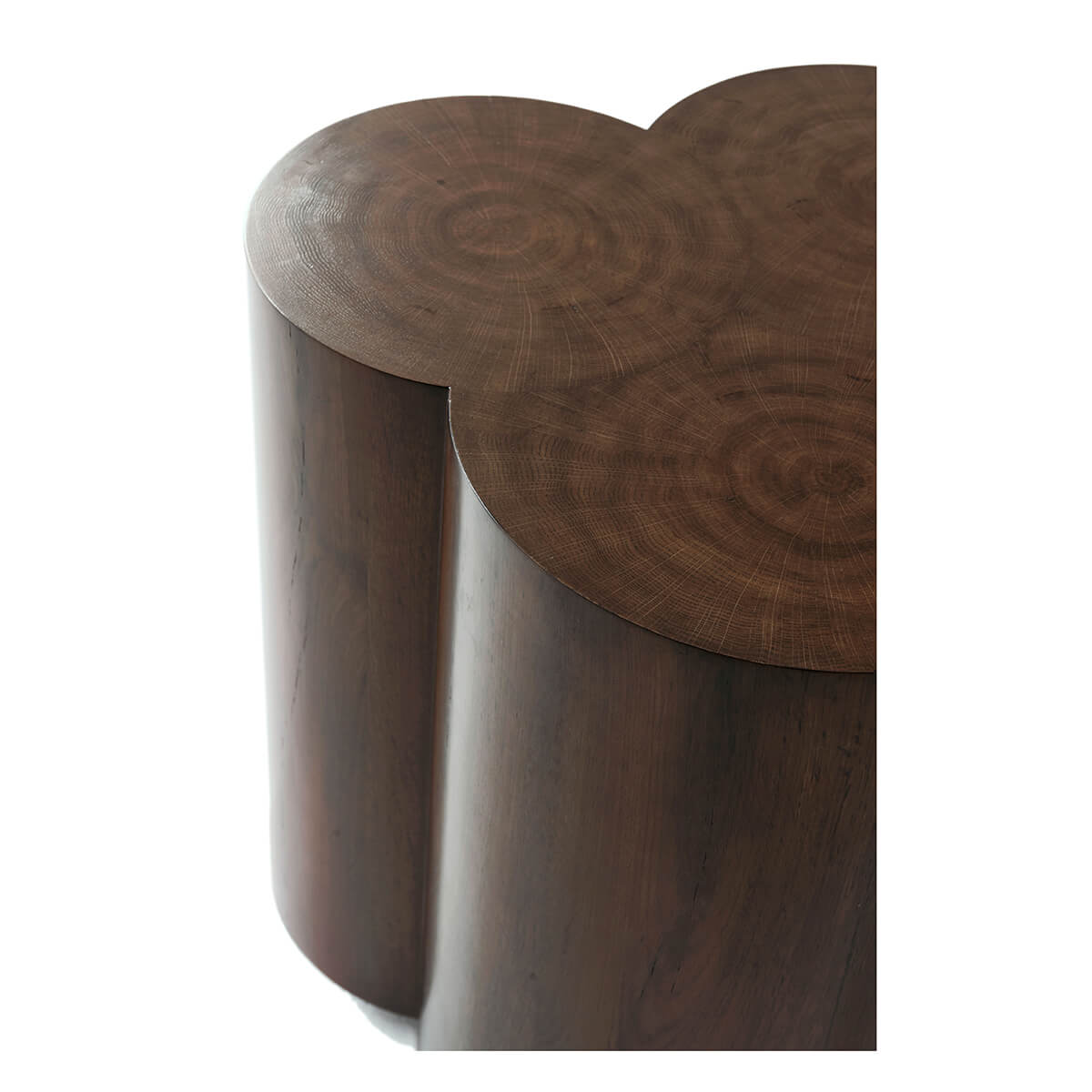 Side perspective of trefoil oak accent table structure.