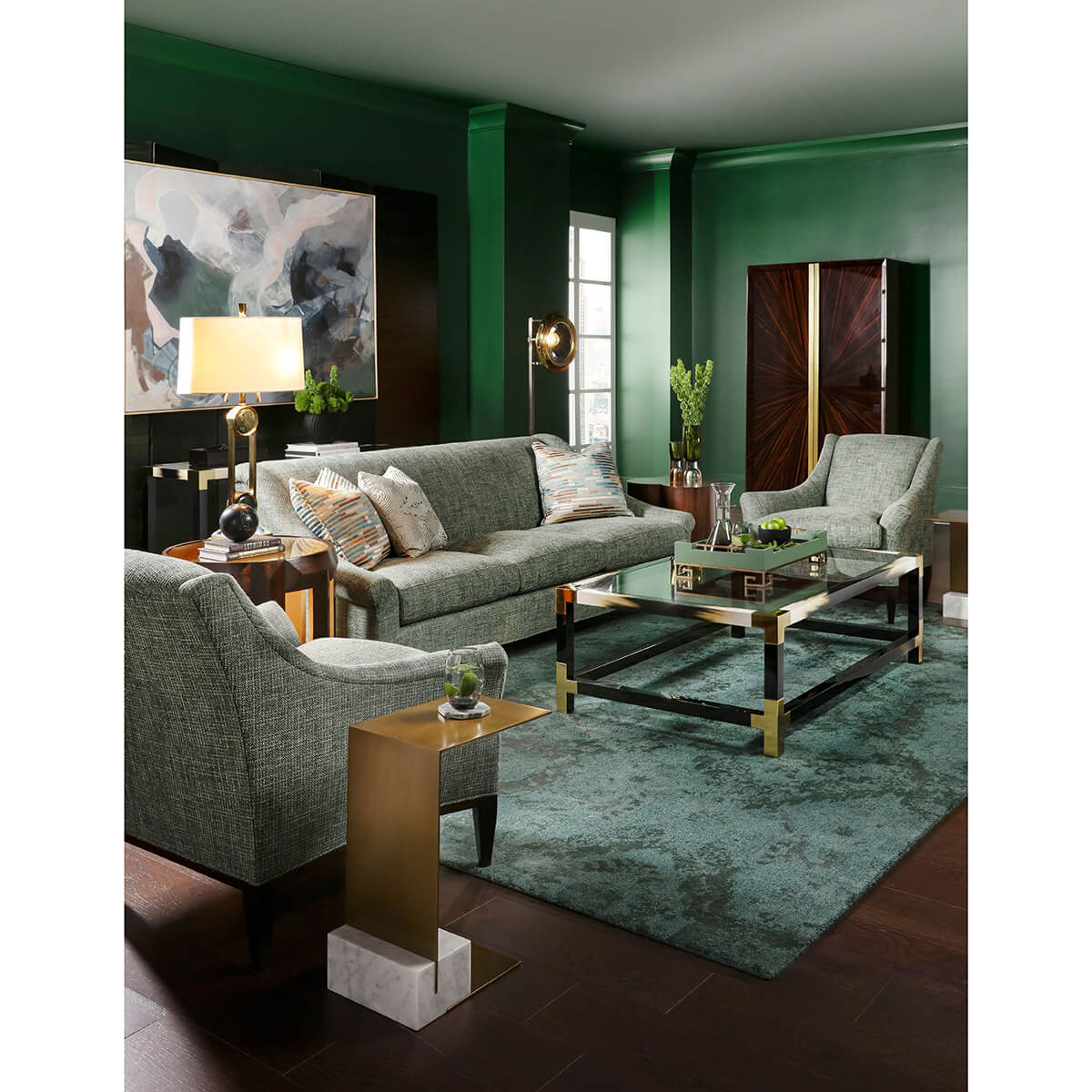 Trefoil oak accent table in a modern living room.