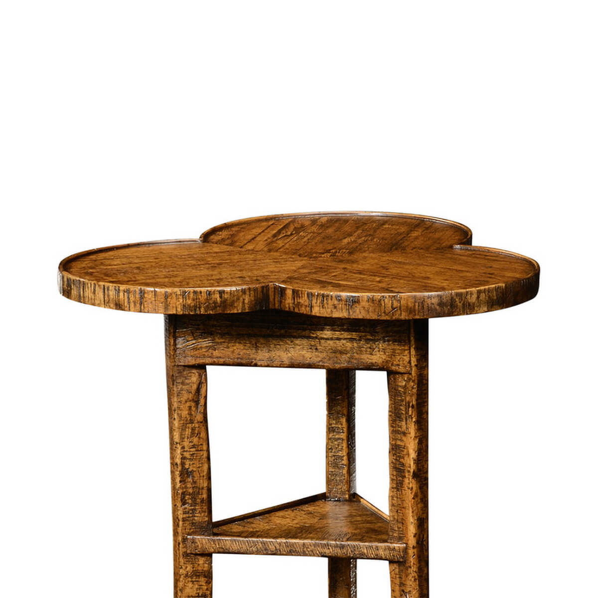 Close-up of trefoil side table with walnut finish.