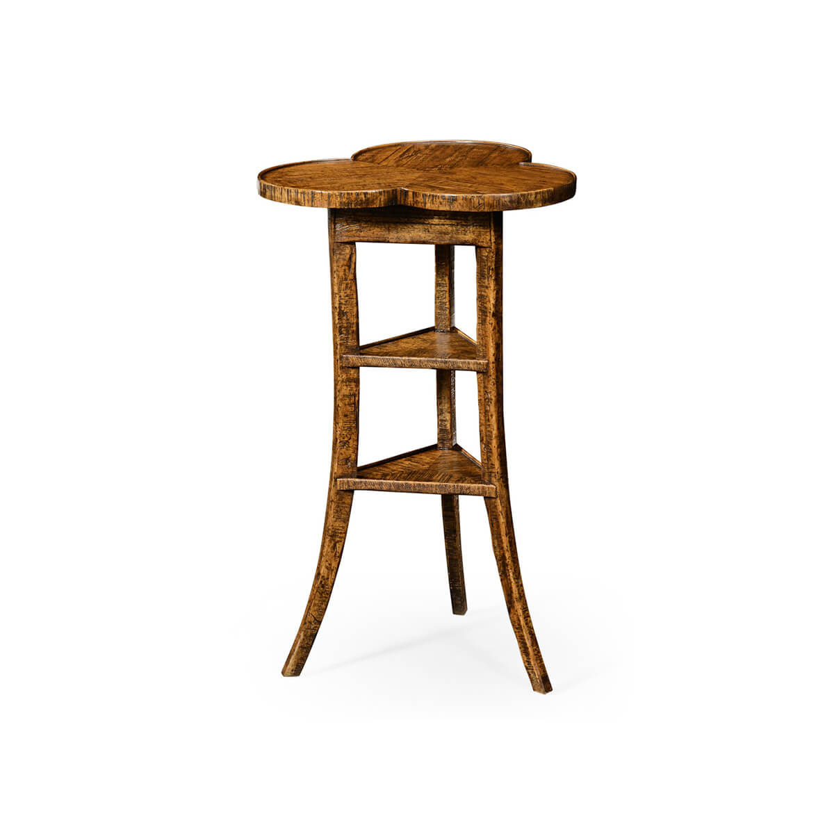 Wooden trefoil side table with three tiers, angled view.