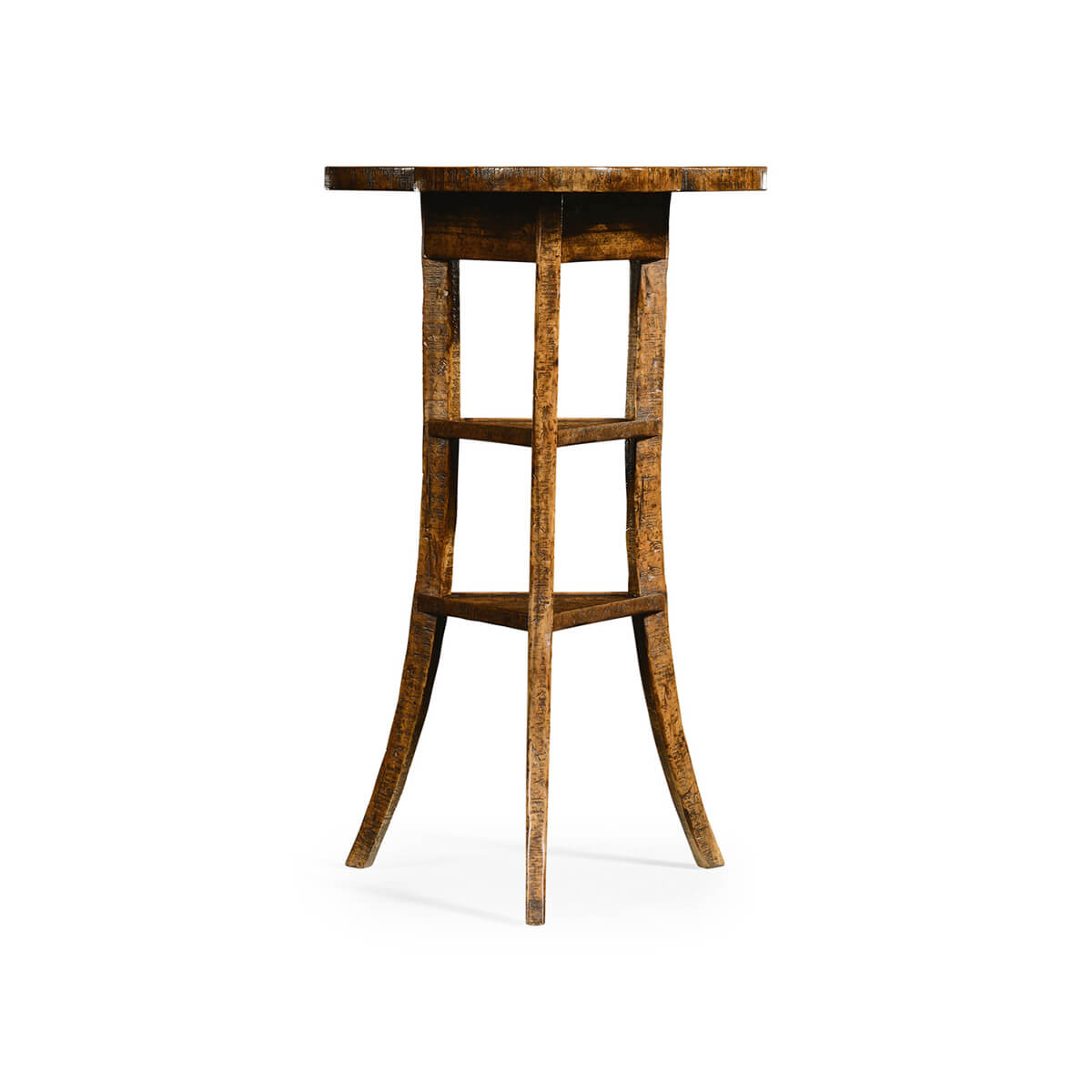Trefoil side table showing curved legs, front view.