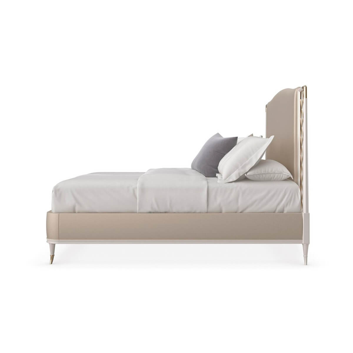 Side profile of modern king bed showcasing depth.