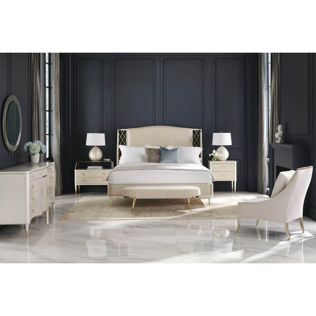 Modern bedroom setup featuring elegant king bed.