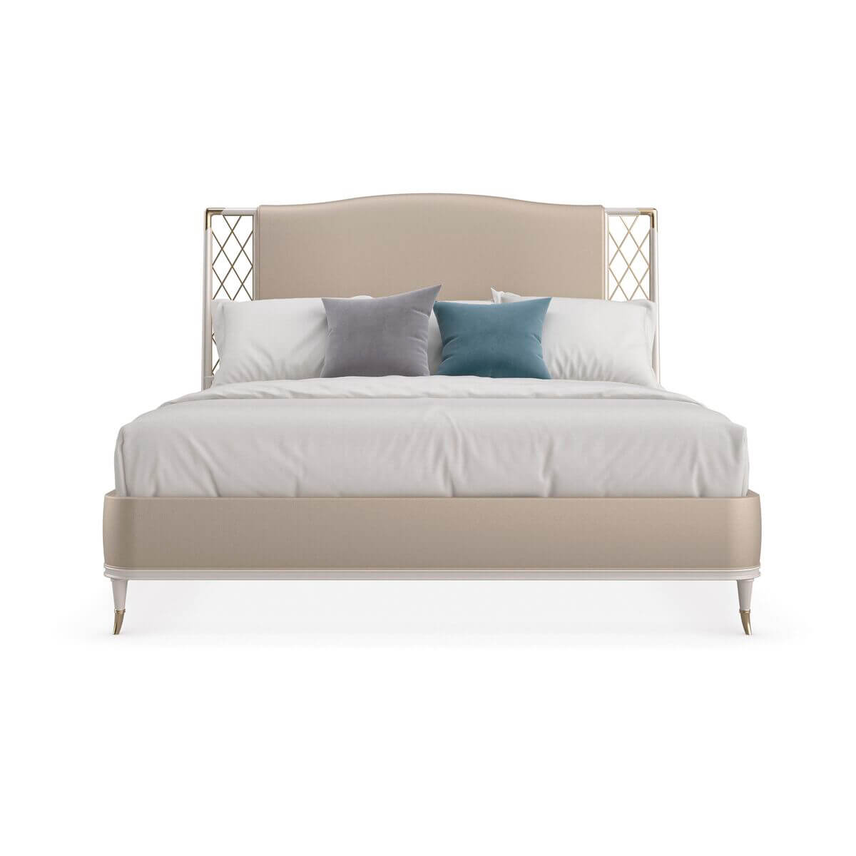 Front view of king bed with decorative pillows.