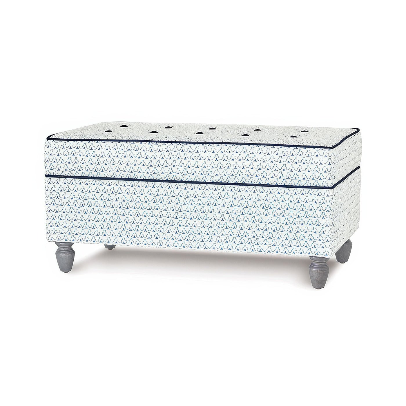 Trellis print storage ottoman with lid, perspective view.
