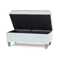 Open trellis print storage ottoman showing interior space.