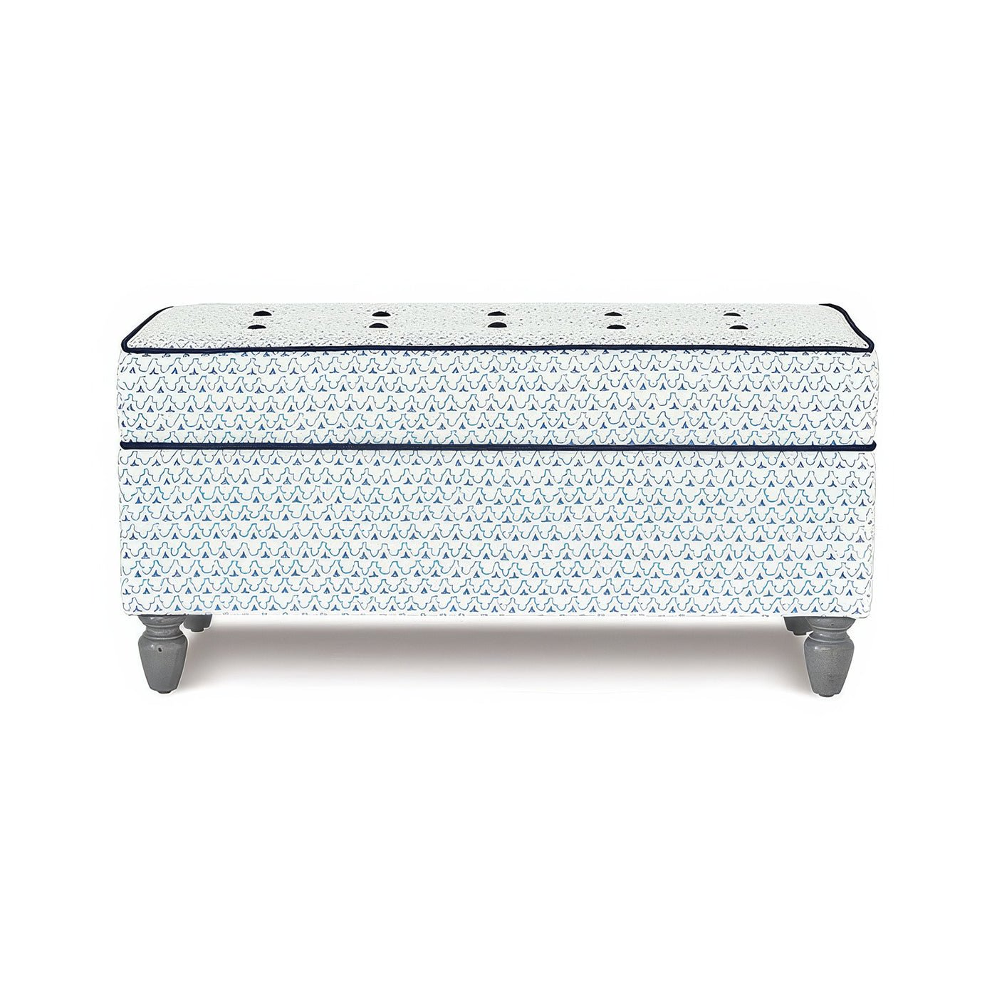 Front view of trellis print storage ottoman, closed.