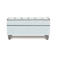Front view of trellis print storage ottoman, closed.