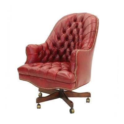 Red tufted leather barrel back desk chair front view