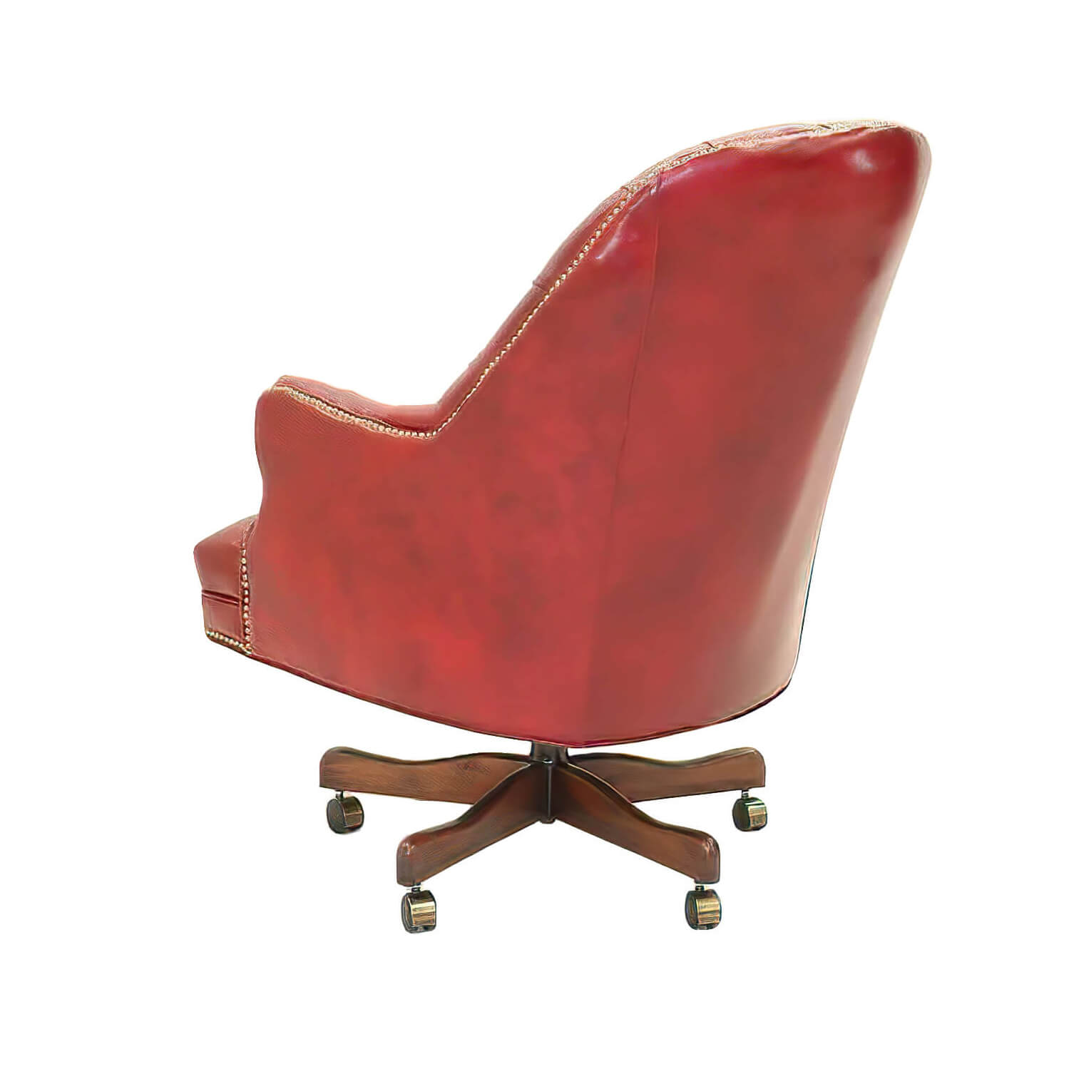 Red tufted leather barrel back desk chair rear view