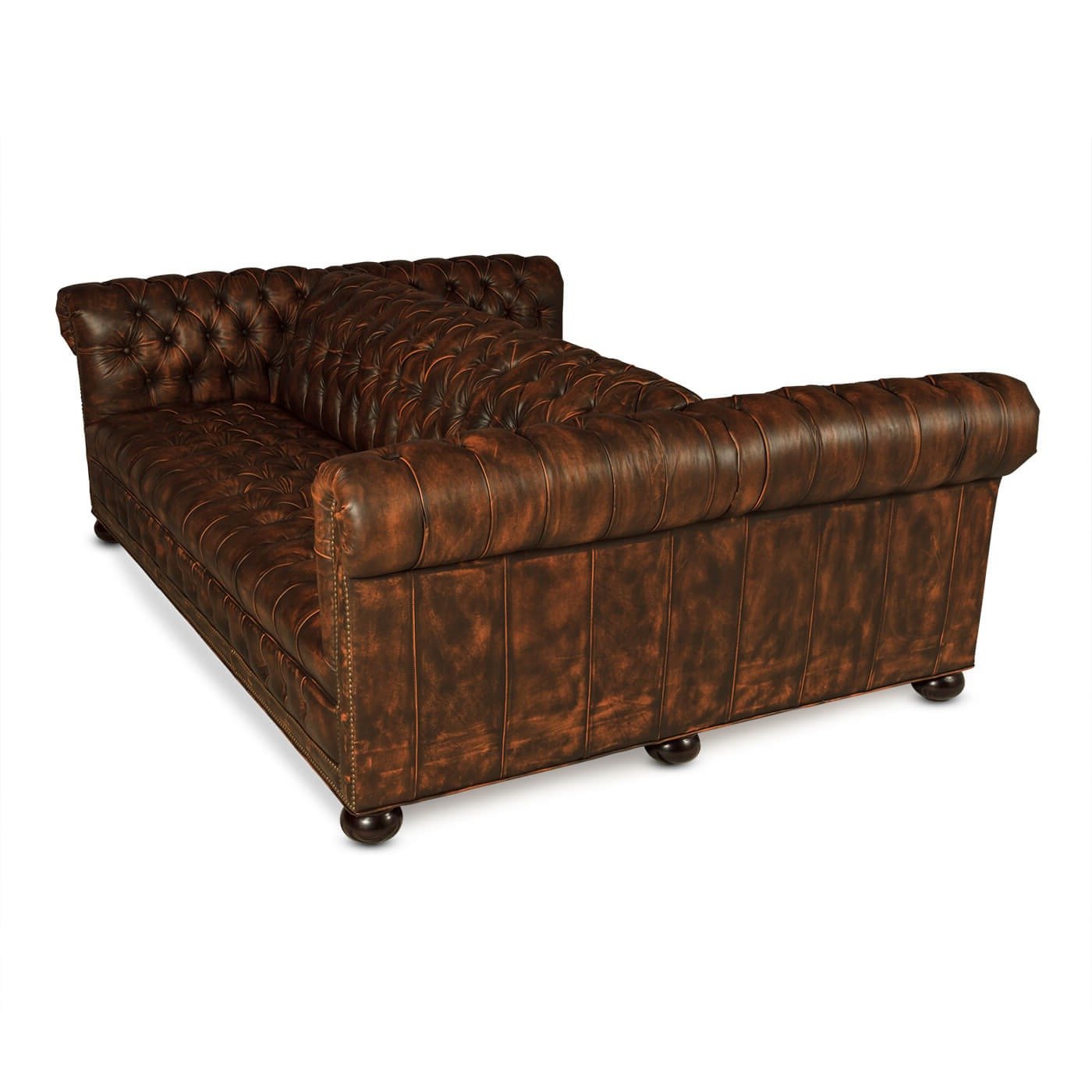 Chesterfield sofa, rear perspective, showing detailed tufting.