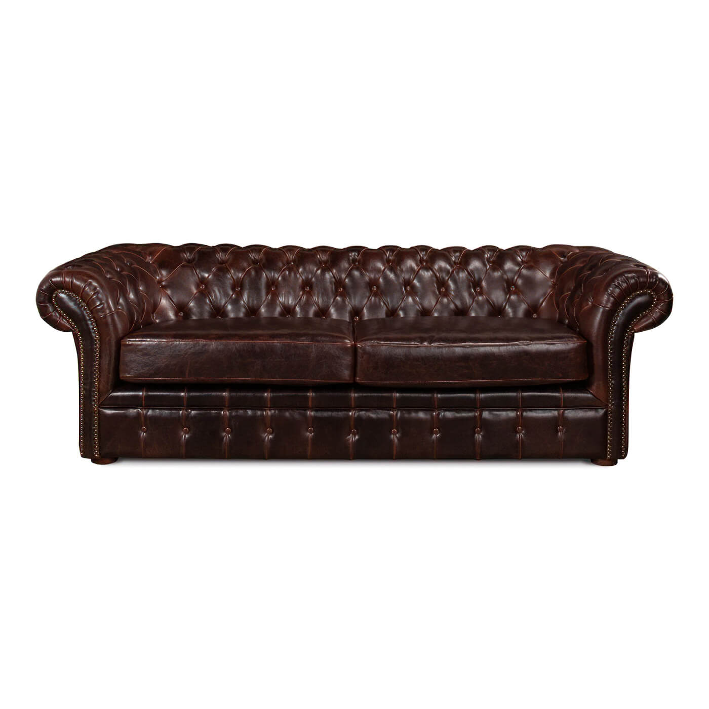 Front view tufted leather Chesterfield sofa, dark brown color.