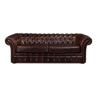 Front view tufted leather Chesterfield sofa, dark brown color.