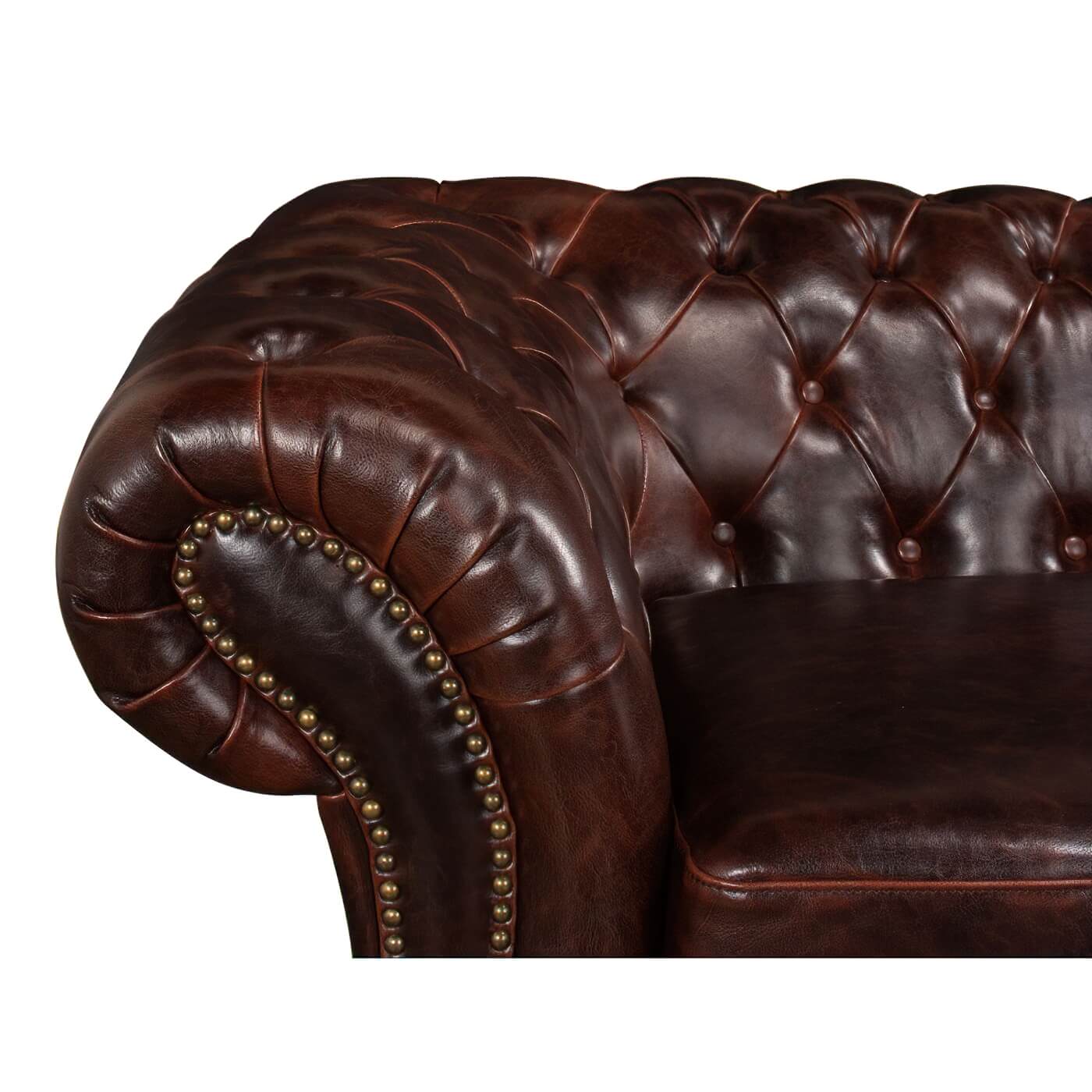 Detailed view tufted leather Chesterfield sofa backrest, button design.