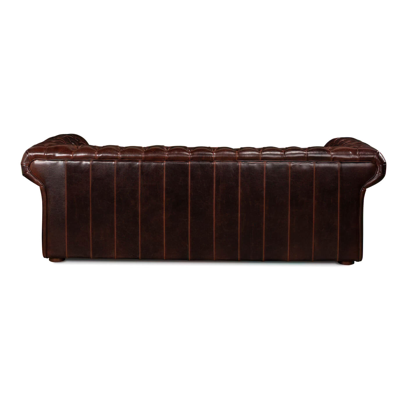Back view tufted leather Chesterfield sofa, brown finish.