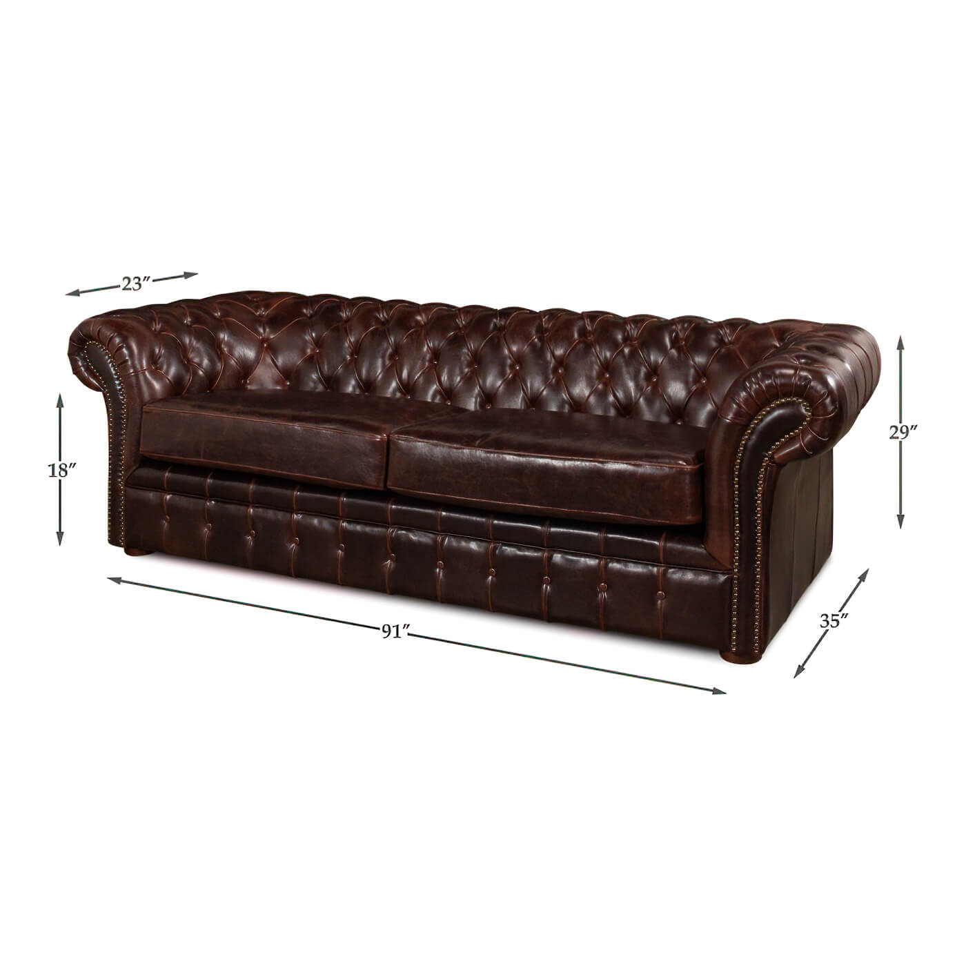 Dimensions tufted leather Chesterfield sofa, brown leather upholstery.