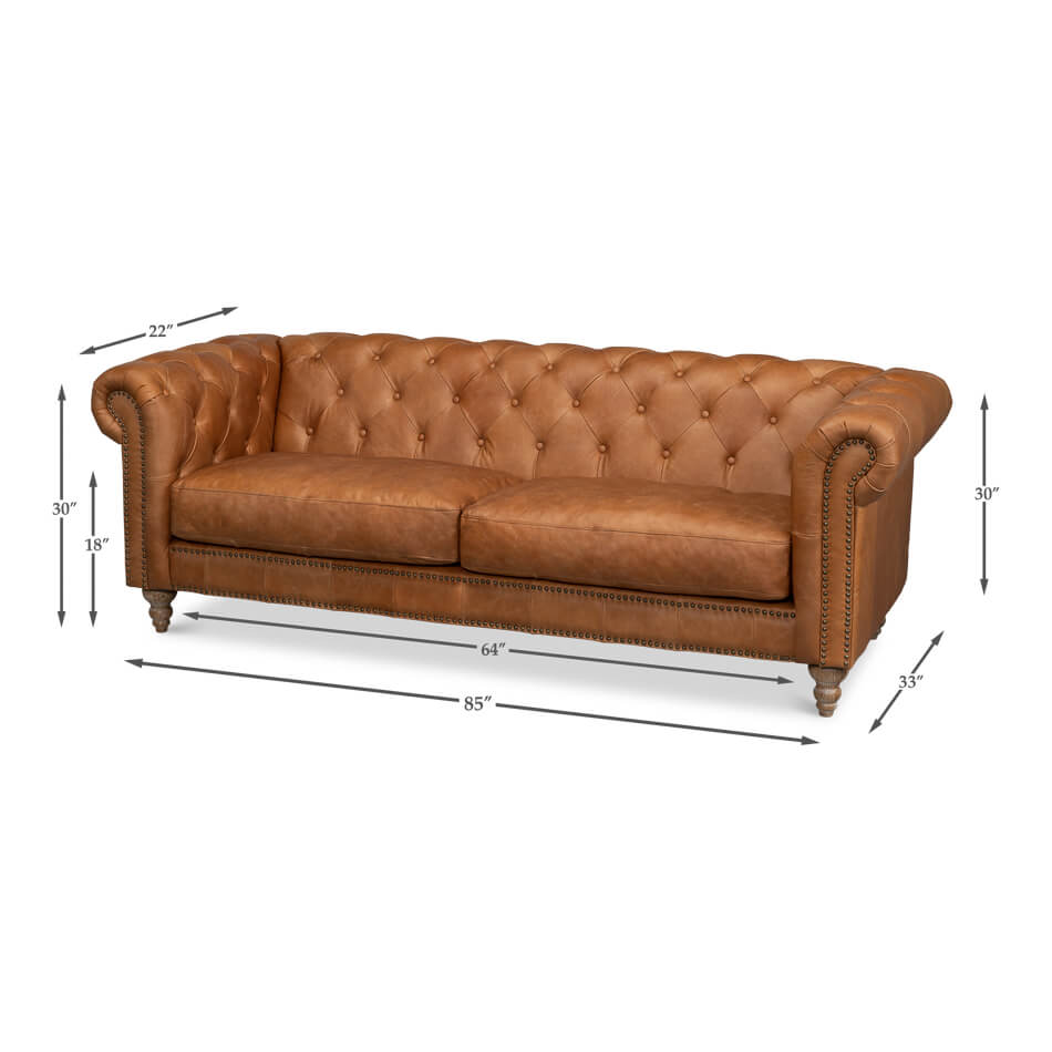 Dimensions diagram of tufted leather chesterfield sofa.