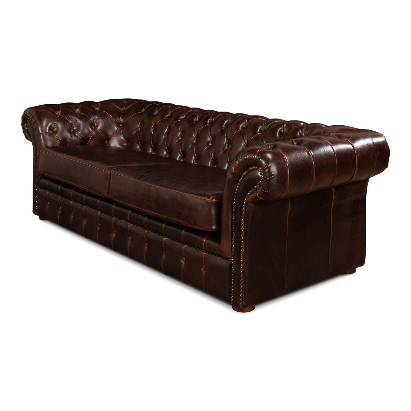 Side angle tufted leather Chesterfield sofa, deep brown leather.