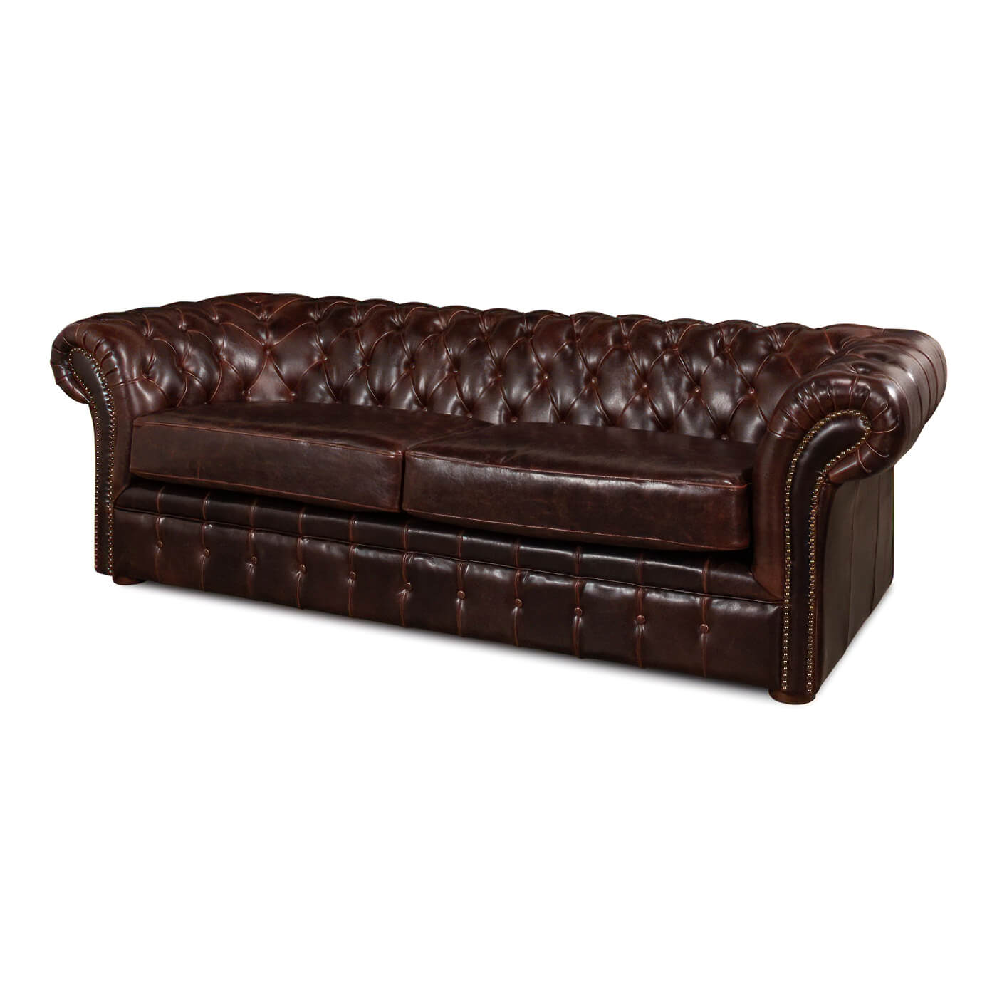 Angled view tufted leather Chesterfield sofa, brown upholstery.