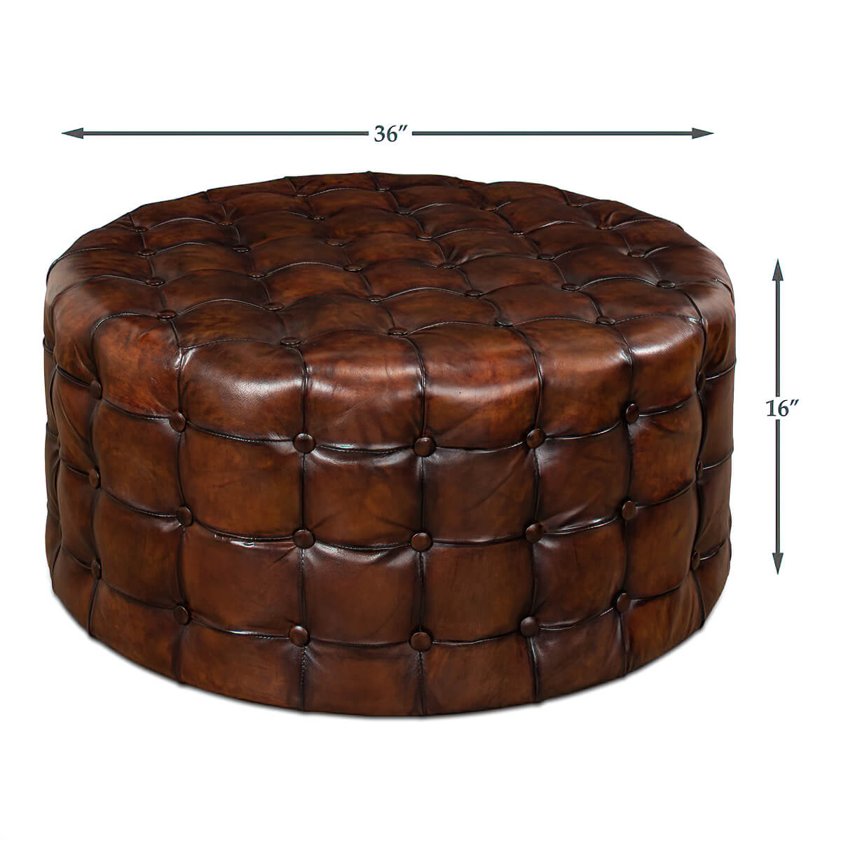 Brown tufted ottoman, dimensions: 36x16 inches shown.