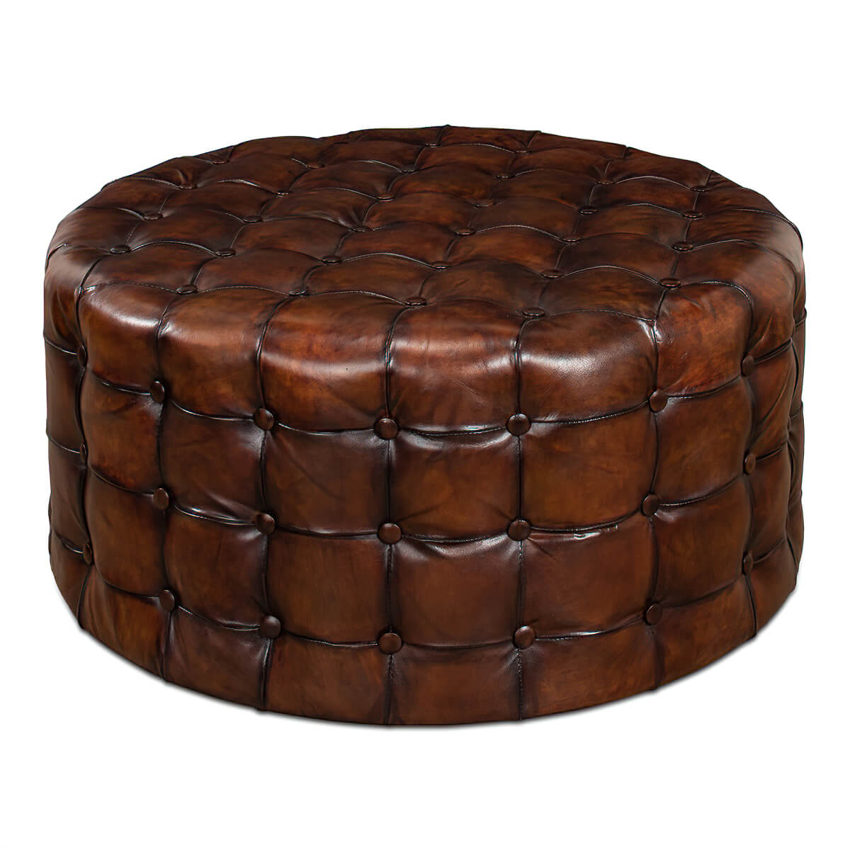 Tufted leather round ottoman, side view, brown finish.