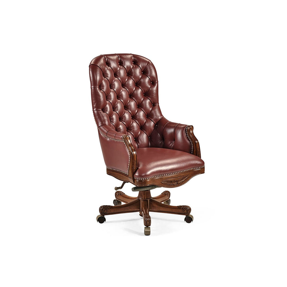 Tufted red leather swivel chair angled front view.
