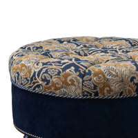 Close-up of tufted ottoman's detailed fabric and texture.
