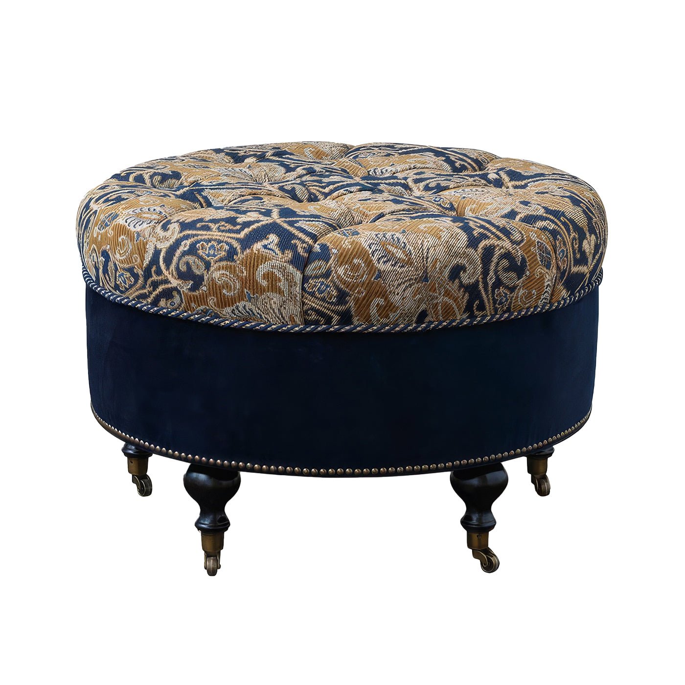 Tufted round ottoman on wooden legs, ornate design.