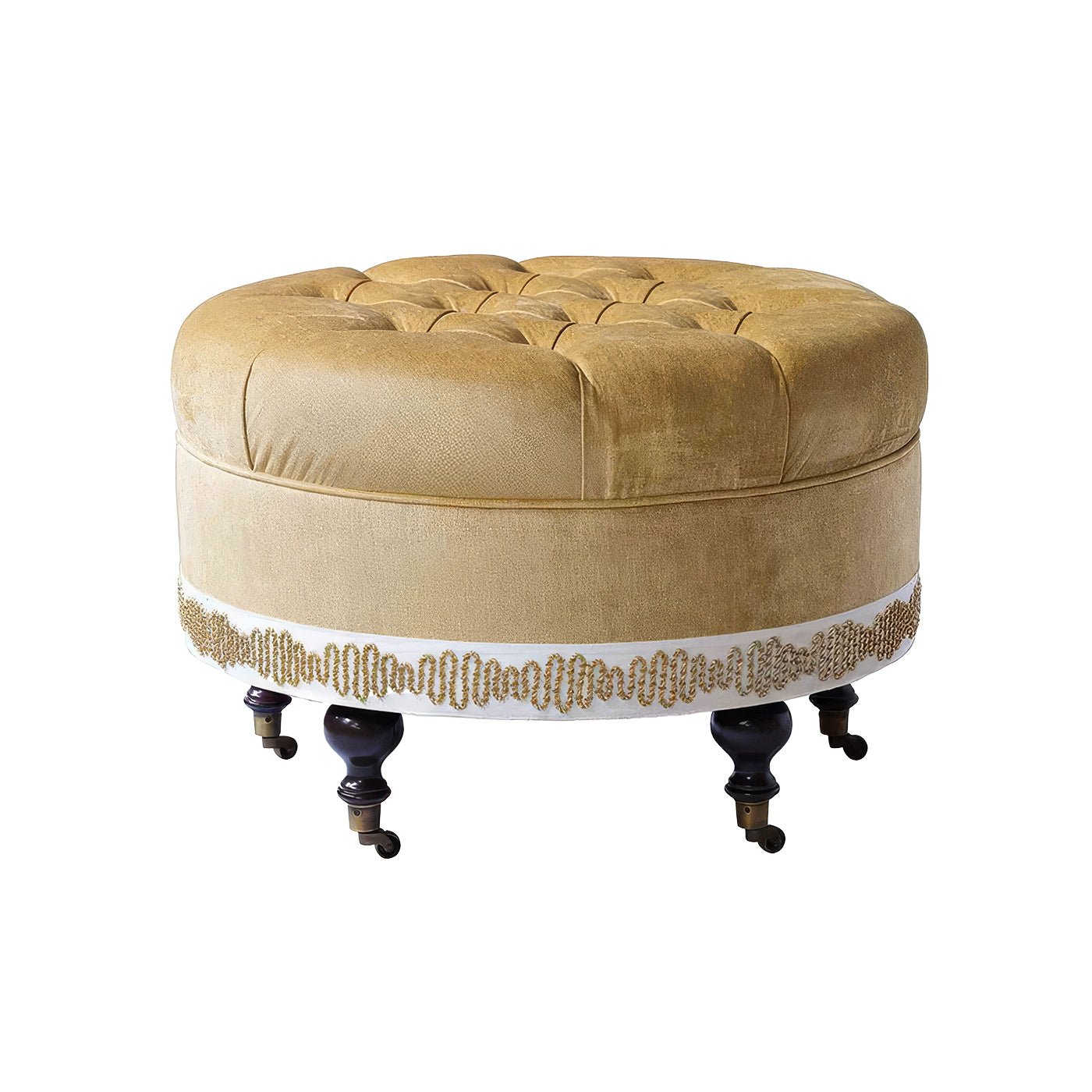 Tufted velvet round ottoman with decorative legs close-up.