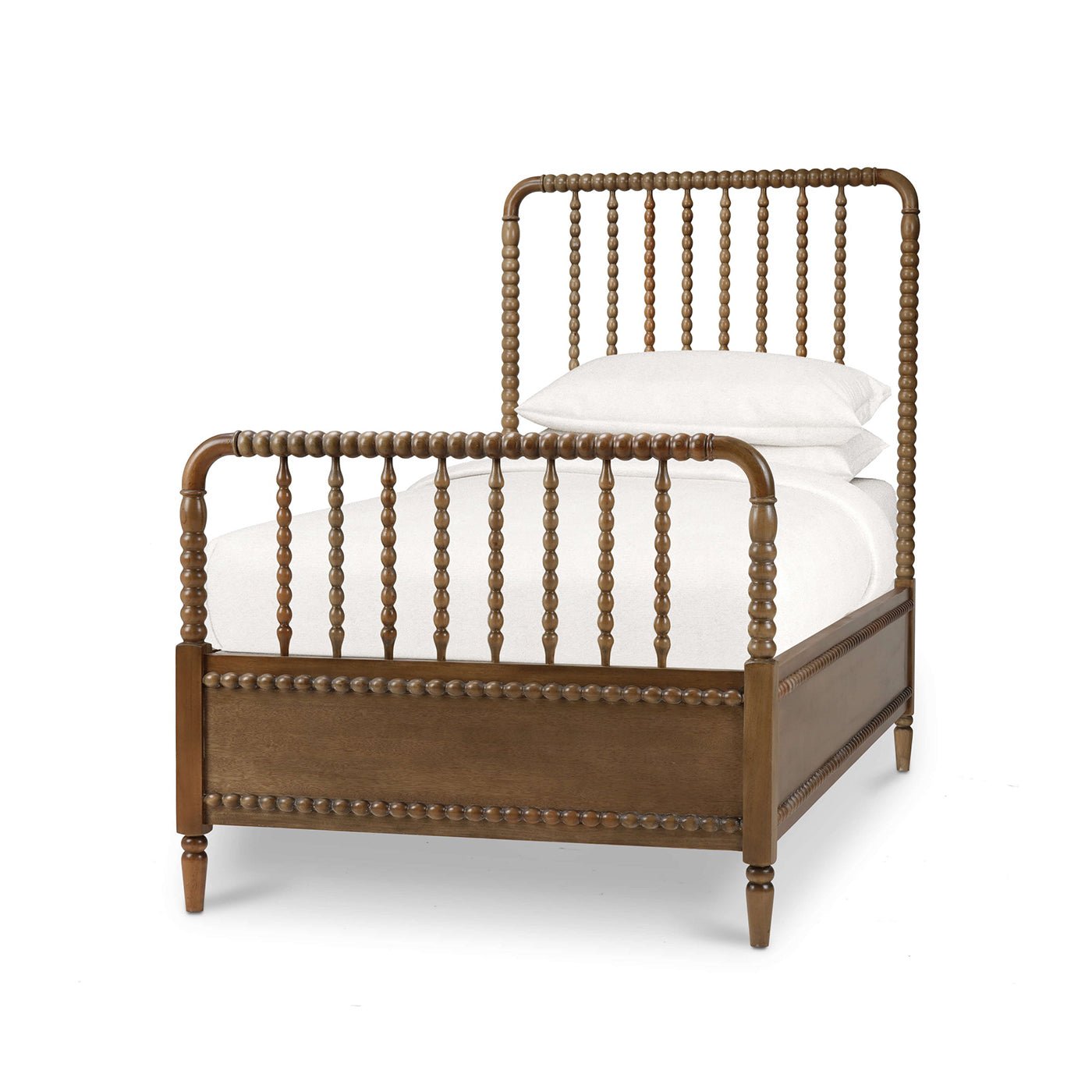 Twin size spindle bed frame, angled view.