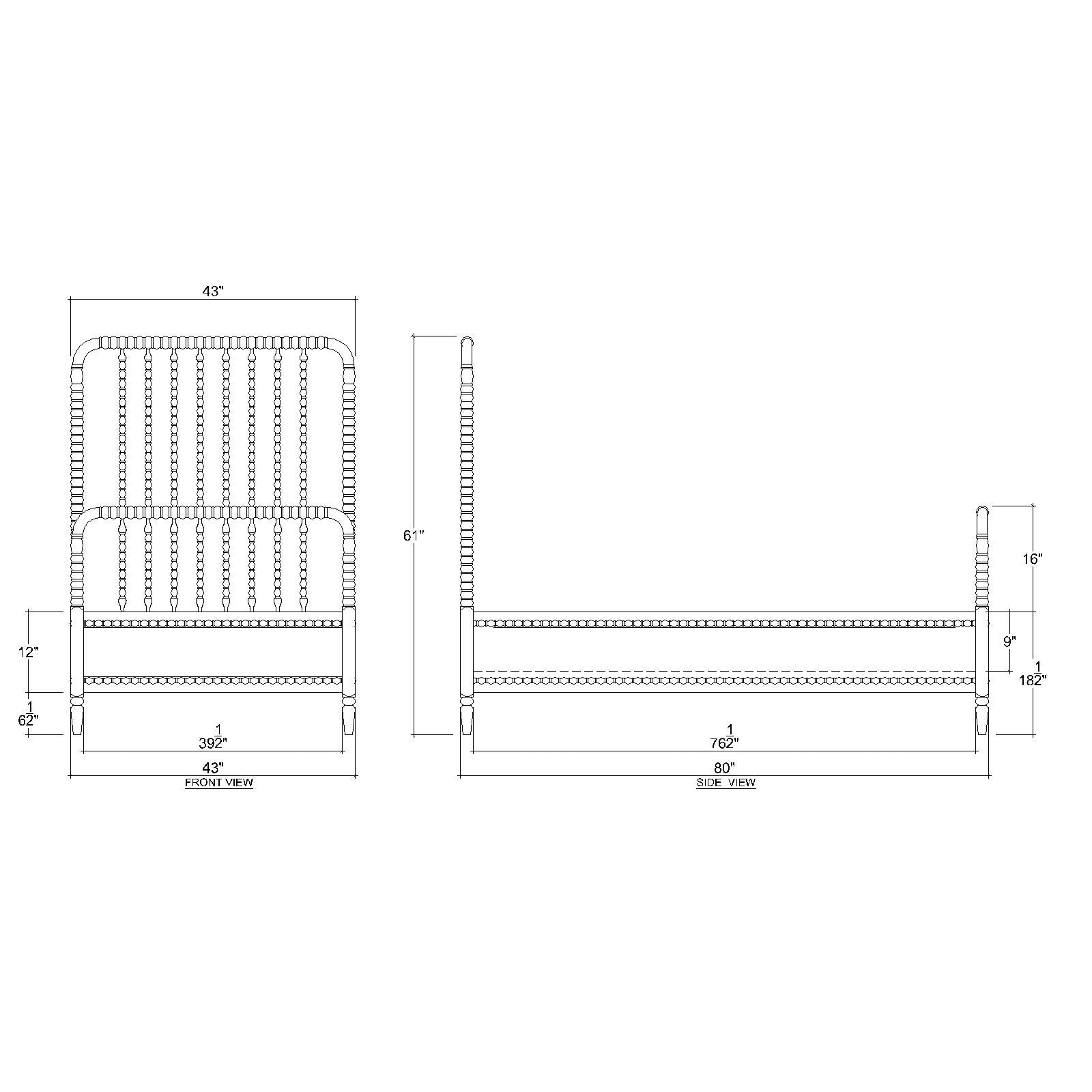 Detailed diagram of white spindle twin bed frame dimensions.
